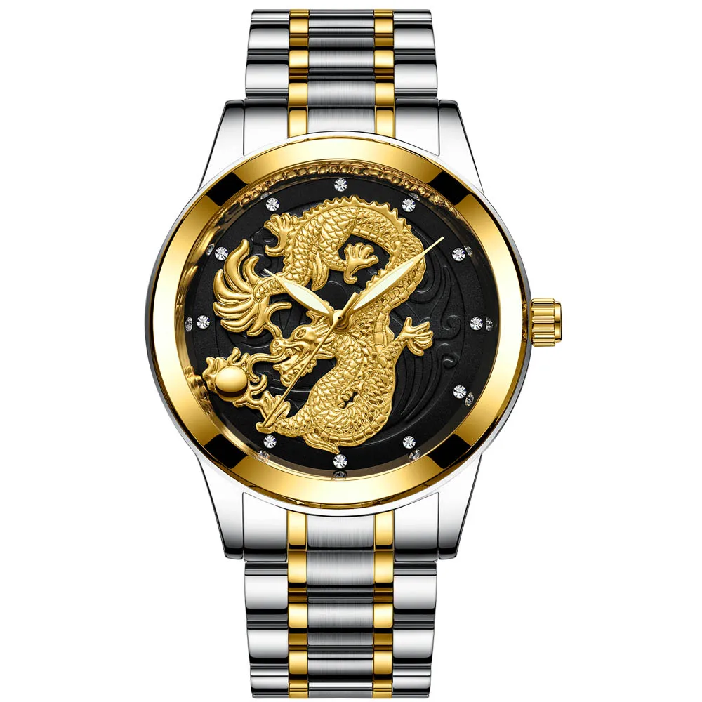 FNGEEN New watch male quartz dragon pattern luminous gold color ultra-thin steel belt | Наручные часы