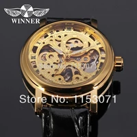 winner womens watch charming mechanical hand wind stylish skeleton leather strap fashion wristwatch color gold wrl8005m3g1