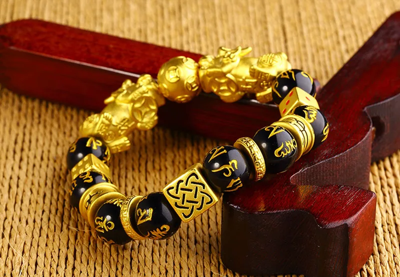 Black Gold Gold Color Brave Troops Stone Beads Bangles Bracelet 6 Words Chinese Lucky Enegry God Beast Pixiu Bracelet Dropship Jewelry Gift - Окраска металла: Black Gold