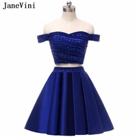 janevini 2018 two piece dress royal blue bridesmaid dresses off the shoulder satin beaded crystal a line short homecoming dress