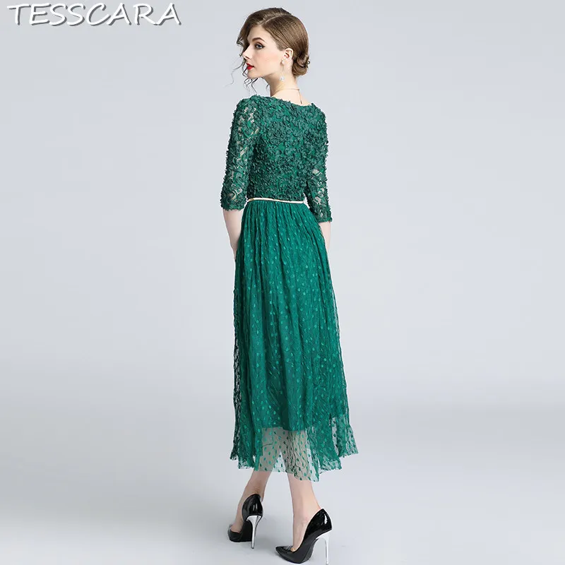 TESSCARA для женщин Весна и Лето Элегантный Сетчатое платье Festa женский аппликации дизайнер Офис Вечерние Партии Vestidos Винтаж кружево роковой