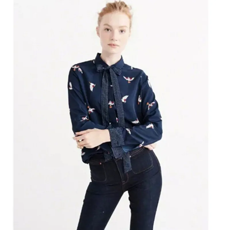 2017 клетчатая рубашка в клетку с принтом животных и птиц бантом стиле ретро новая