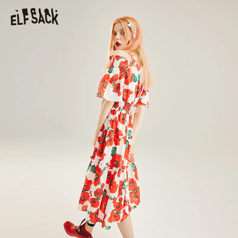 ELF SACK/винтажное красное платье с цветочным принтом для женщин, модное вечернее платье с открытыми плечами на бретельках, праздничные платья, элегантные трапециевидные женские платья