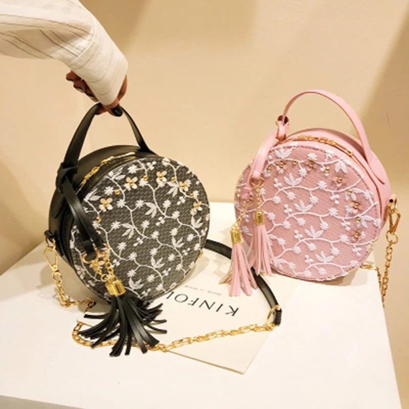 Кружевная маленькая круглая сумка с вышивкой новинка 2019 корейская модная