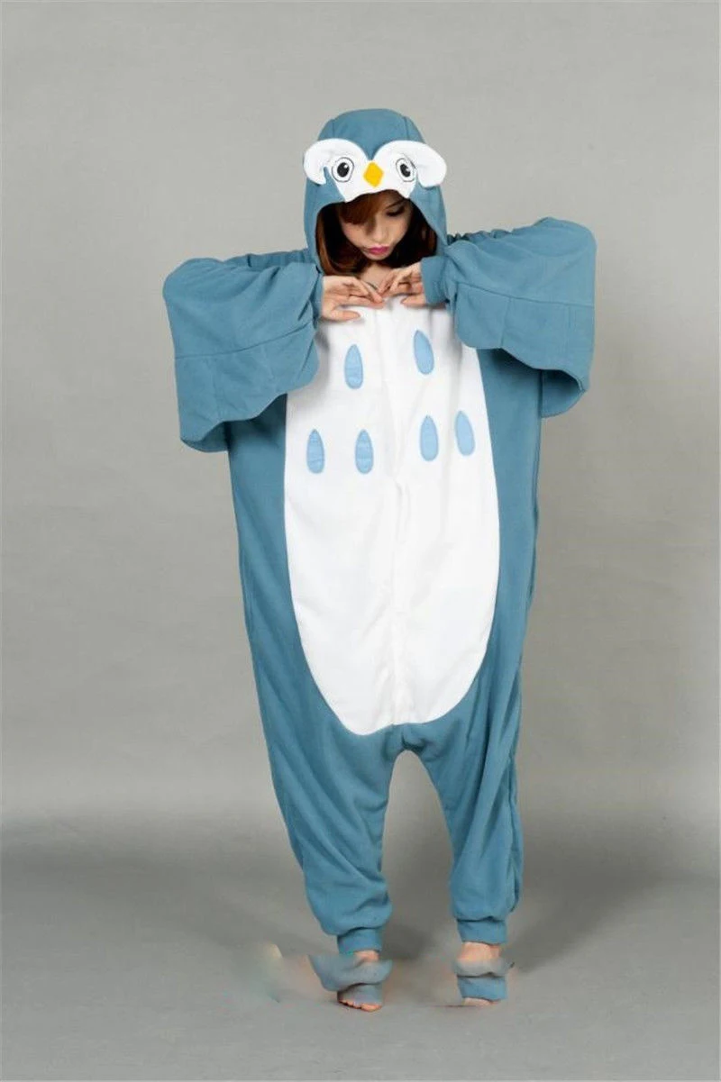 Для взрослых фланелевые пижамы Onsies Синий Сова костюм для мужчин женщин одна