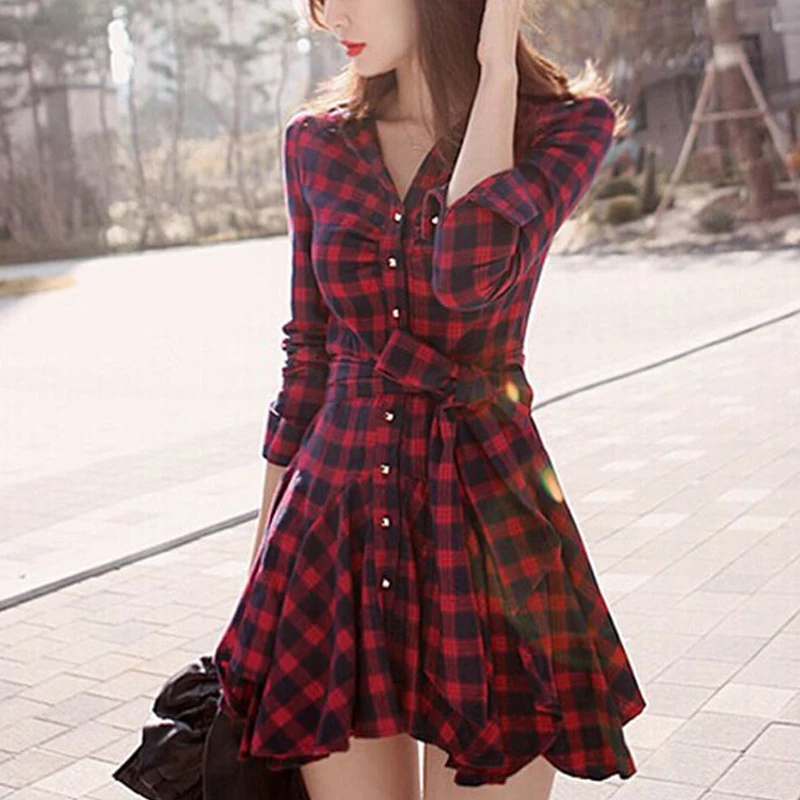 Женское мини-платье с длинным рукавом клетчатое платье-трапеция V-образным
