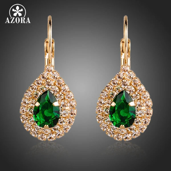 Серьги AZORA TE0152 с подвеской в виде слезы из циркония золотого цвета зеленого