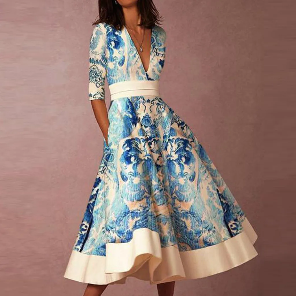 Deep V-Neck Print Vintage Dress Women Half Sleeve High Waist Zipper Swing Mid-Calf Dress Retro Female Party Dress