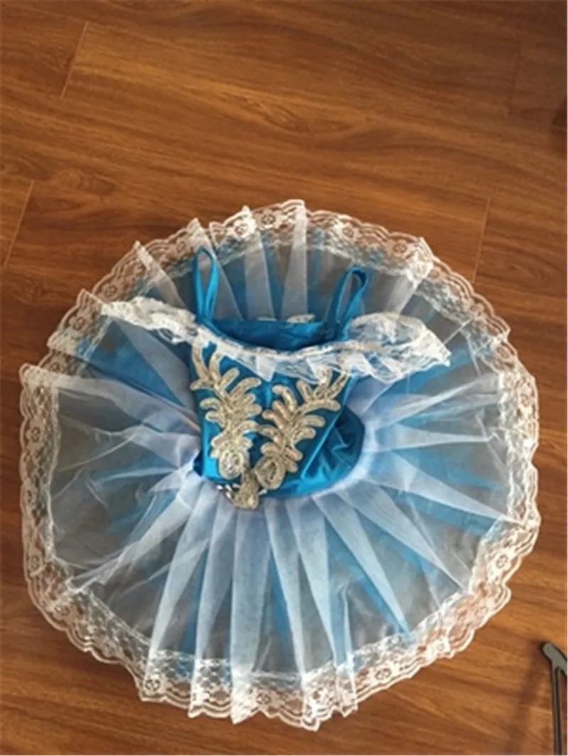 blue ballet Детское балетное платье с двойными кружевными лямками и лебедем для детей, танцевальная сценическая одежда, синий, розовый цвет - Цвет: blue ballet