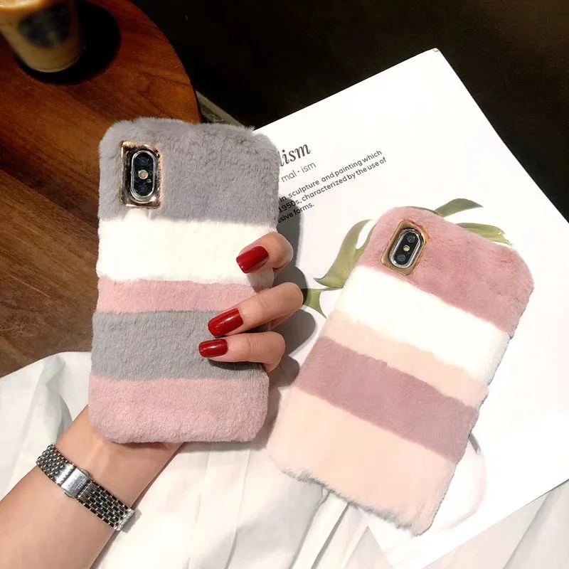 Разноцветный пушистый чехол для телефона с кроличьим мехом iPhone X XS MAX XR мягкий из