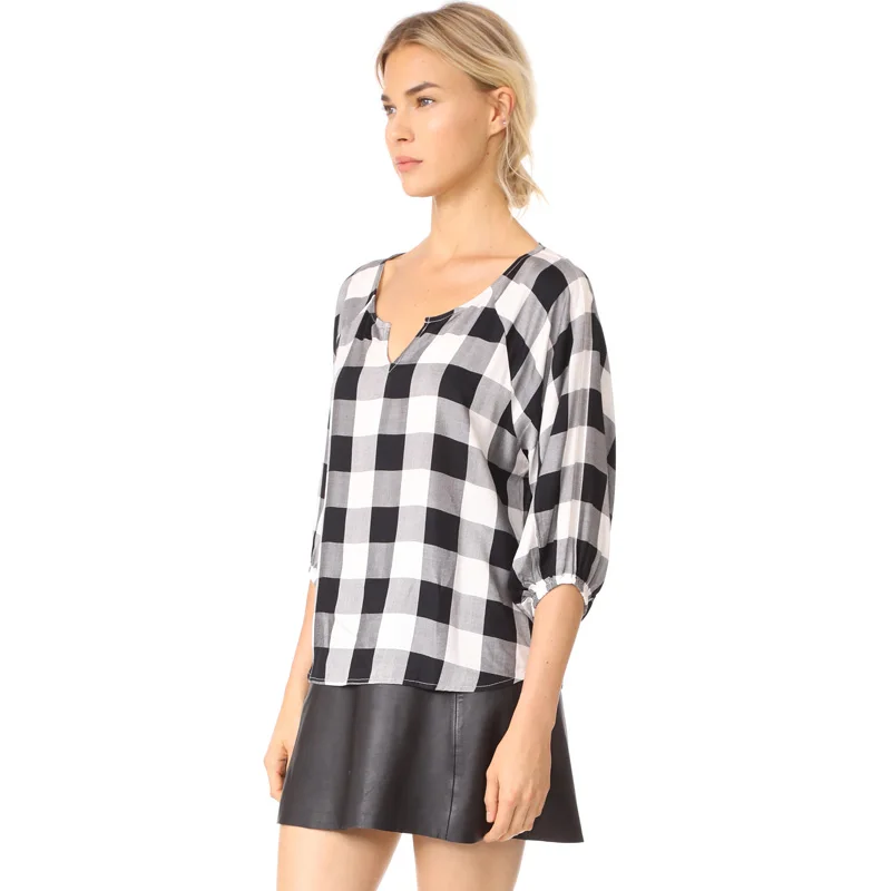 Черный и белый плед дна v-образным вырезом рубашки с короткими рукавами модные