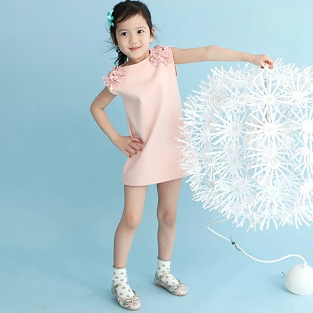 Однотонное платье с цветочным рисунком для маленьких девочек повседневное