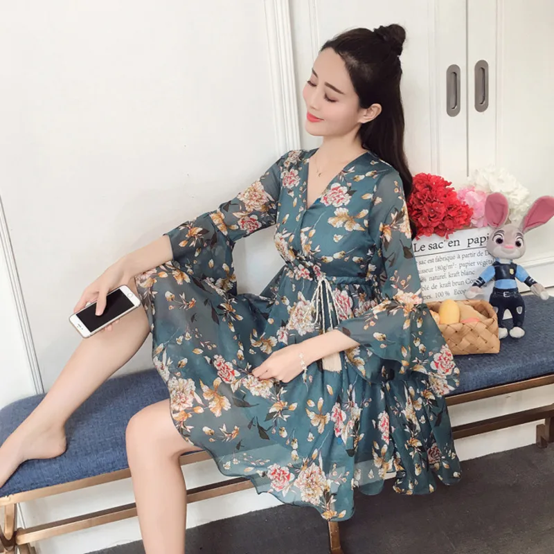 Милое шифоновое платье с принтом короткие женские платья V образным вырезом и