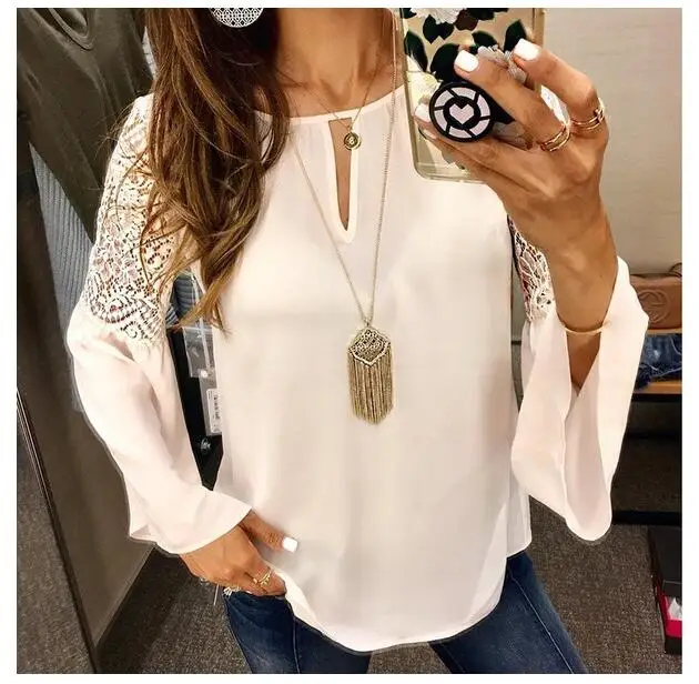 5XL Женские шифоновые блузки кружево лоскутное с расклешенными рукавами Blusas