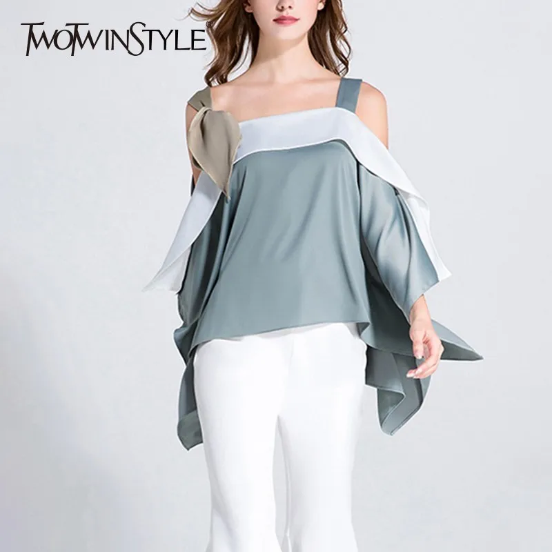 TWOTWINSTYLE, женские рубашки с открытыми плечами, свободные, из кусков, на шнуровке, без рукавов, большой размер, топы для женщин, ropa mujer Verano, новинка
