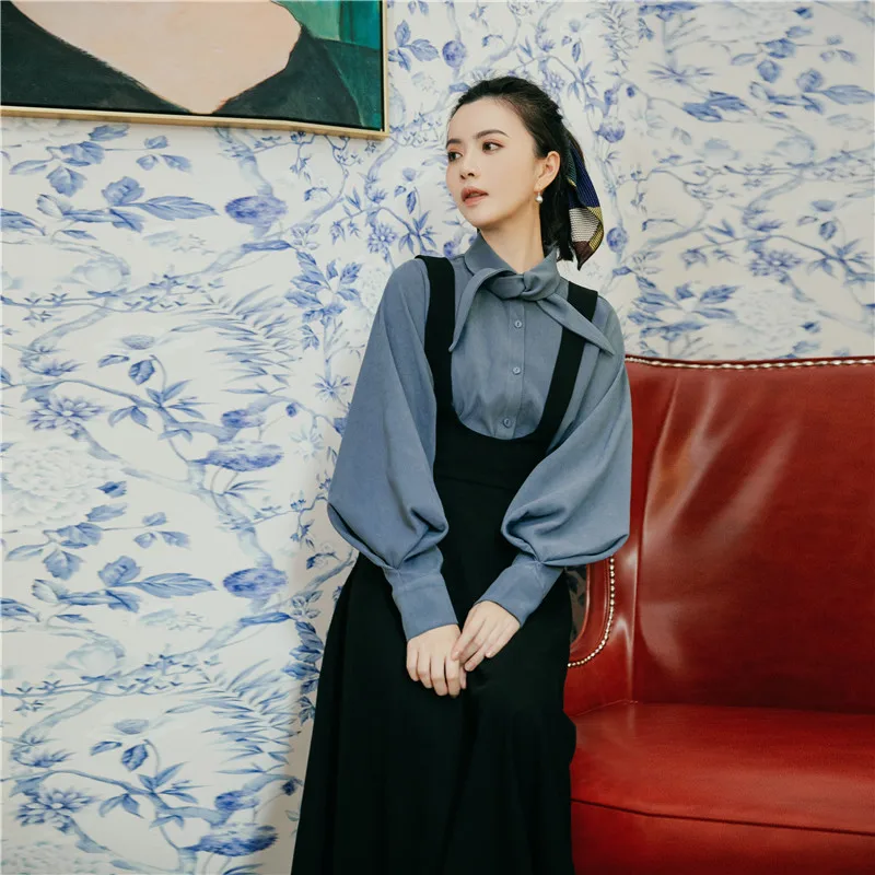 

Женский комплект из двух предметов, осенне-зимнее французское платье на бретелях в стиле ретро, 2019