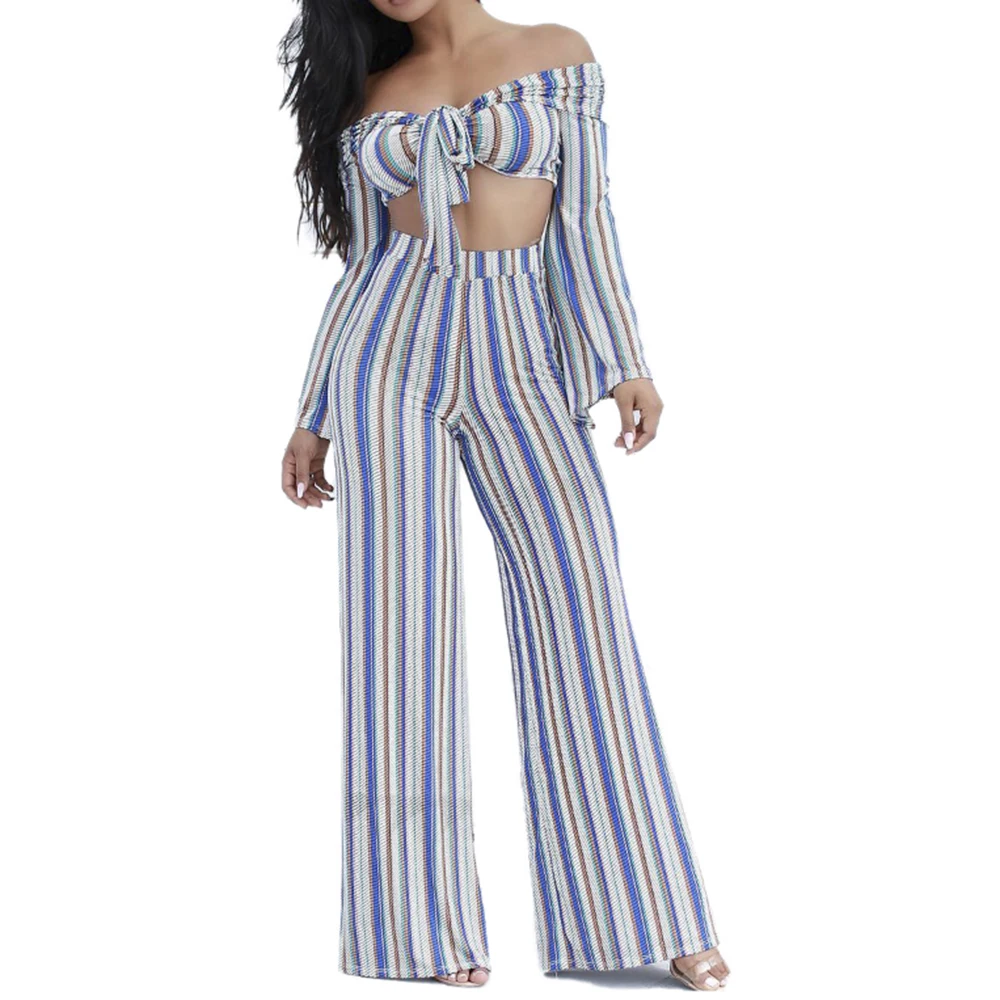 

Women 2 piece Set Top and Pants Two Piece Pants Set Women Summer F2952 Strip Print Off Shoulder Long Sleeve