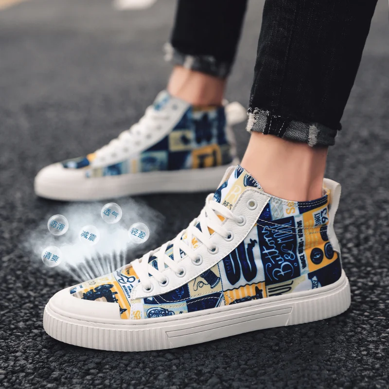 CYYTL Fashion High-top Canvas Men Casual Shoes Prints Breathable Lace-up Walking Sneakers Zapatillas Hombre Tenis Masculino