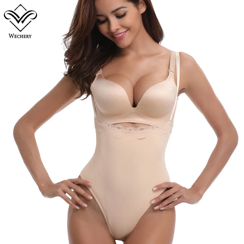 nude Wechery сексуальный глубокий u-образный вырез Body Shaper кружевное подтягивающее ягодицы ждать тренер Корректирующее утягивающее белье боди с корсетом с низким вырезом на спине для моделирования ремень - Цвет: nude