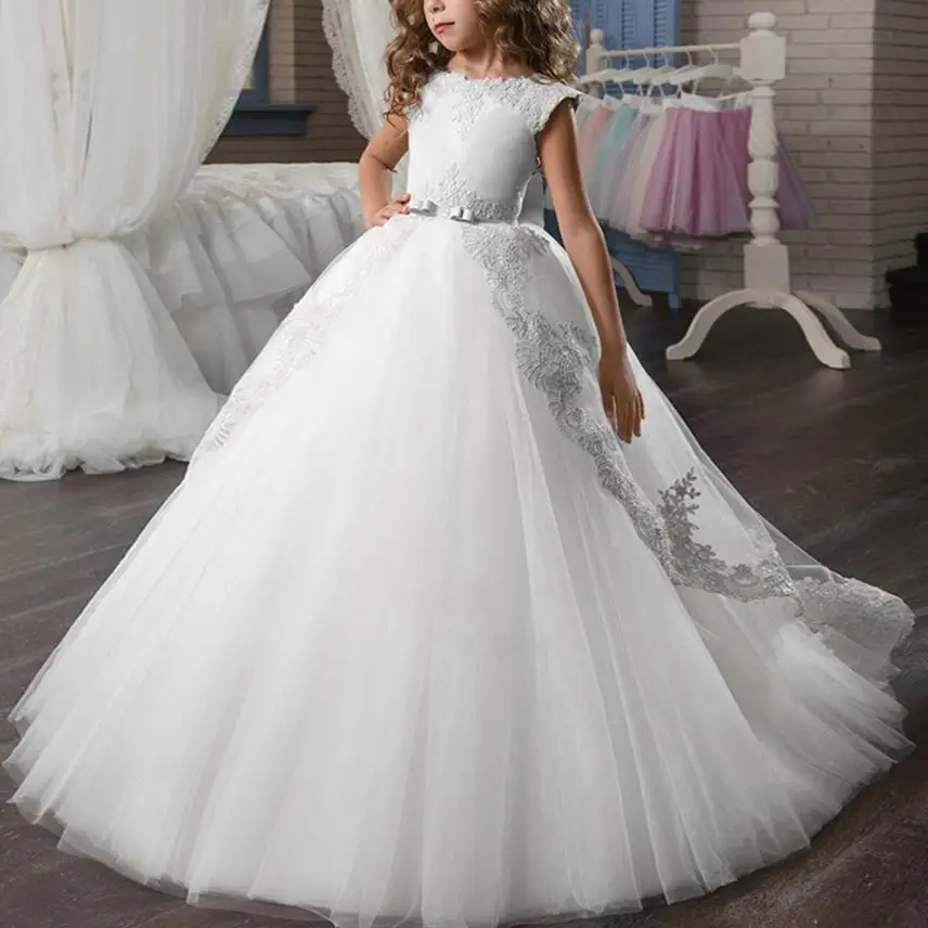 as picture show Винтажное элегантное платье для маленьких девочек; Пышное длинное платье принцессы из тюля со шлейфом; детское платье подружки невесты на день рождения, свадьбу - Цвет: as picture show