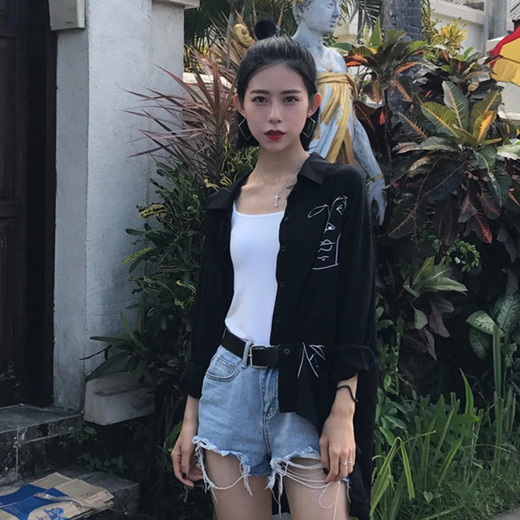 Новый Harajuku Для женщин рубашки модные блузки смешное лицо с длинными рукавами