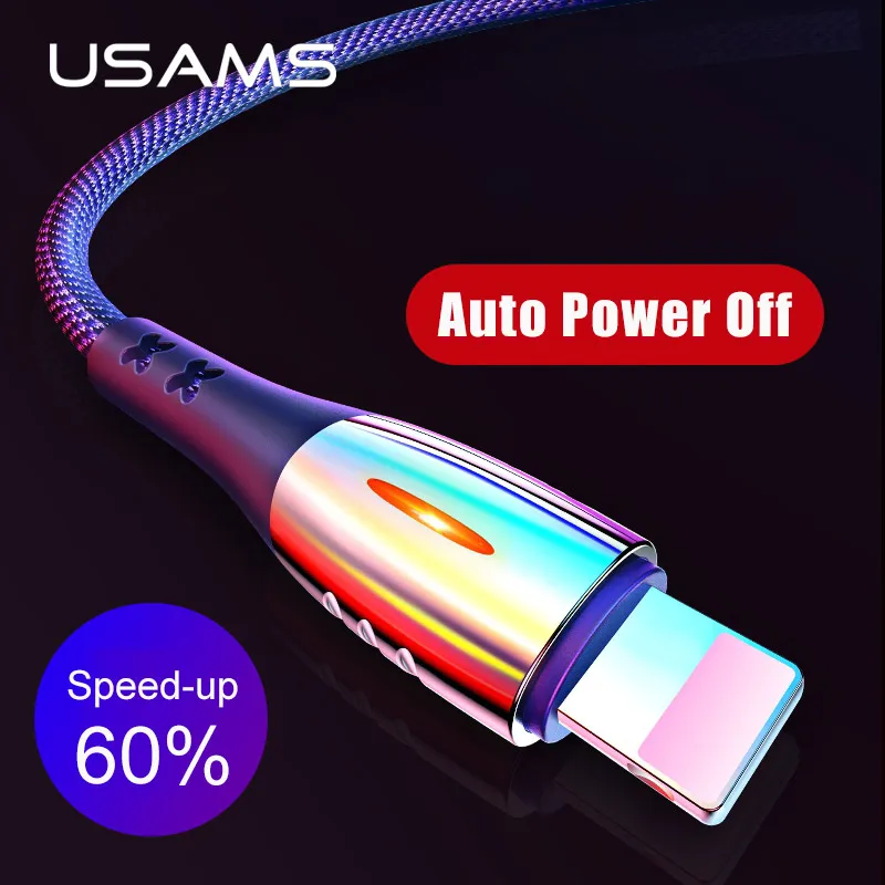 USAMS Автоматическое отключение питания кабель для iPhone X 8 7 6 6s 5S 5 se светодиодный светильник USB кабель для iOS 12 11 10 9 кабели быстрой зарядки