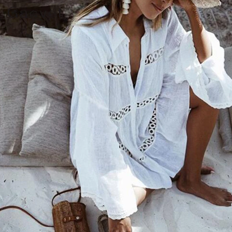 2019 летние женские пляжные блузки с выдалбливающимися длинными расклешенными