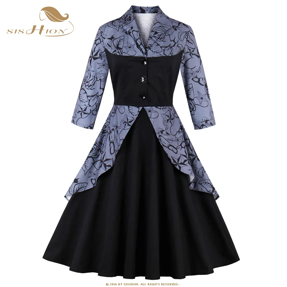 SISHION Spring A-line Dress Turn-Down Collar Women Elegant 3/4 sleeves Party Patchwork Vintage Dresses buttons Vestido VD0612 | Женская