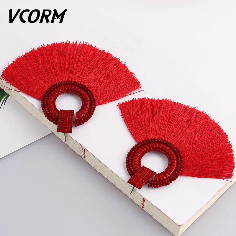 Red 1 VCORM, богемные серьги с кисточками, большие висячие серьги для женщин, модные ювелирные изделия, серьги, красный, черный, хлопок, шелк, ткань, бахрома, серьги, подарок - Окраска металла: Red 1