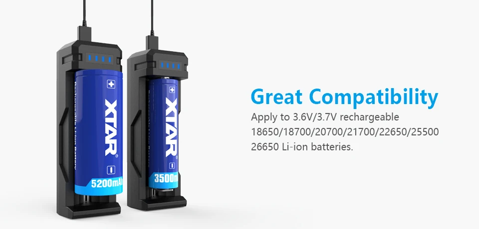 XTAR SC1 USB относится к 3,6 V/3,7 V Аккумуляторная 18650/18700/20700/21700/22650/25500/26650 литий-ионных батарей