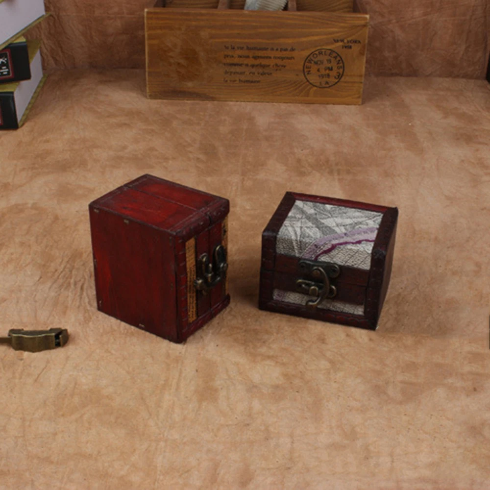 2pcs Retro Small Wood Storage Box With Metal Lock Jewelry Treasure Pearl Decorative Trinket Wooden Case Vintage Organizer