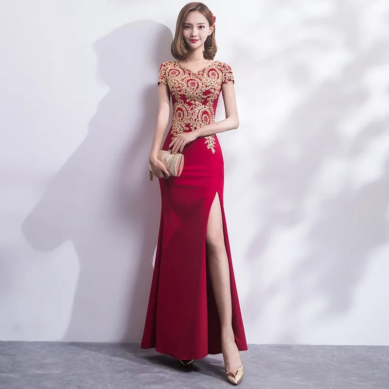 2018 вышивка Cheongsam длинное традиционное китайское винтажное платье красное