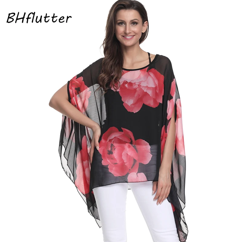 BHflutter Black Chiffon Tops Women Shirts Plus Size 5XL 6XL 2018 New Arrival Solid Casual Batwing Summer Blouses Chemise Femme images - 6