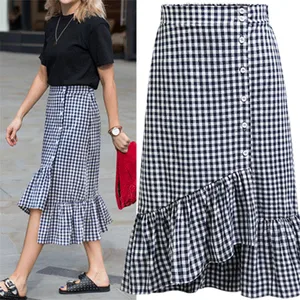 Женские юбки с оборкой, черно-белая клетчатая длинная юбка миди, хлопковая трапециевидная юбка с высокой талией, Клубная одежда, wz237, весна-лето