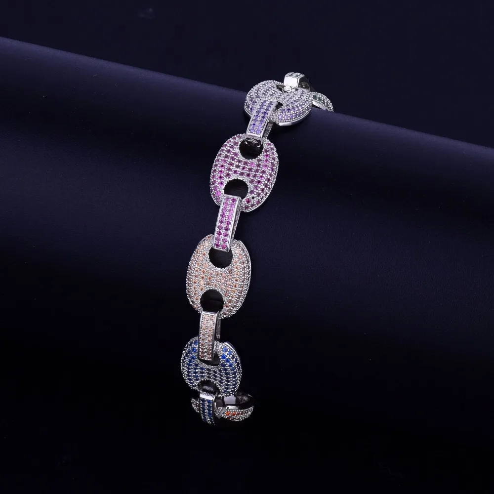 12 мм смешанные цвета кубинские звенья Браслет Bling мужские хип-хоп ювелирные изделия медный материал Iced кубический циркон кубинская цепочка браслет 8"