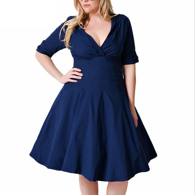 

2020 women retro Plus size 8XL dress elastic V neck Five points sleeve back cut out design fashion Medium length dresses Female
