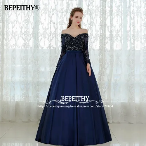 Тёмно-синий BEPEITHY Robe De Soiree с открытыми плечами длинное вечернее платье трапециевидной формы, вечерние, элегантные,, полный рукав, фиолетовый кружевной лиф, платье для выпускного вечера - Цвет: Тёмно-синий