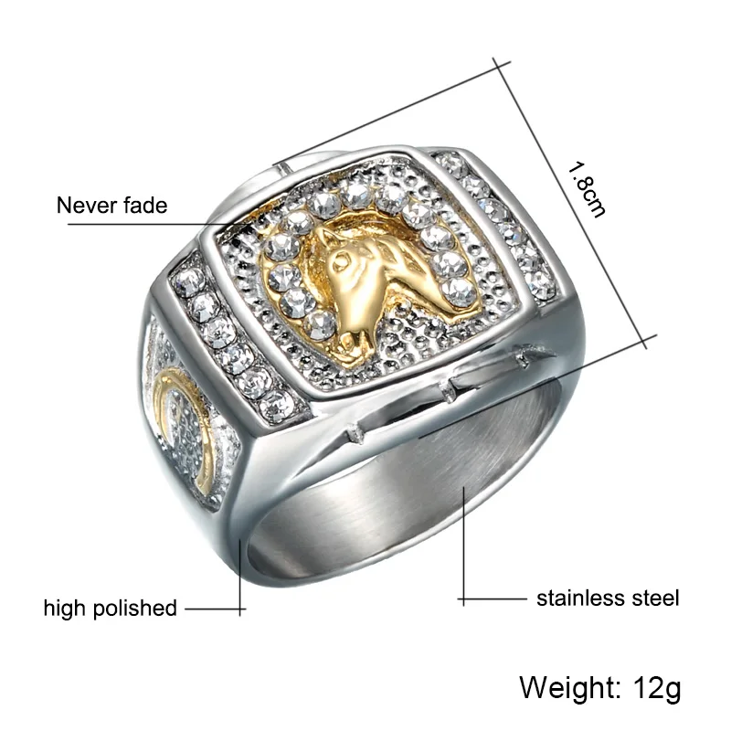 Хип-хоп IP Позолоченные микро проложенные Стразы Iced Out Bling кольцо с изображением лошади титановые кольца из нержавеющей стали для мужчин и женщин ювелирные изделия