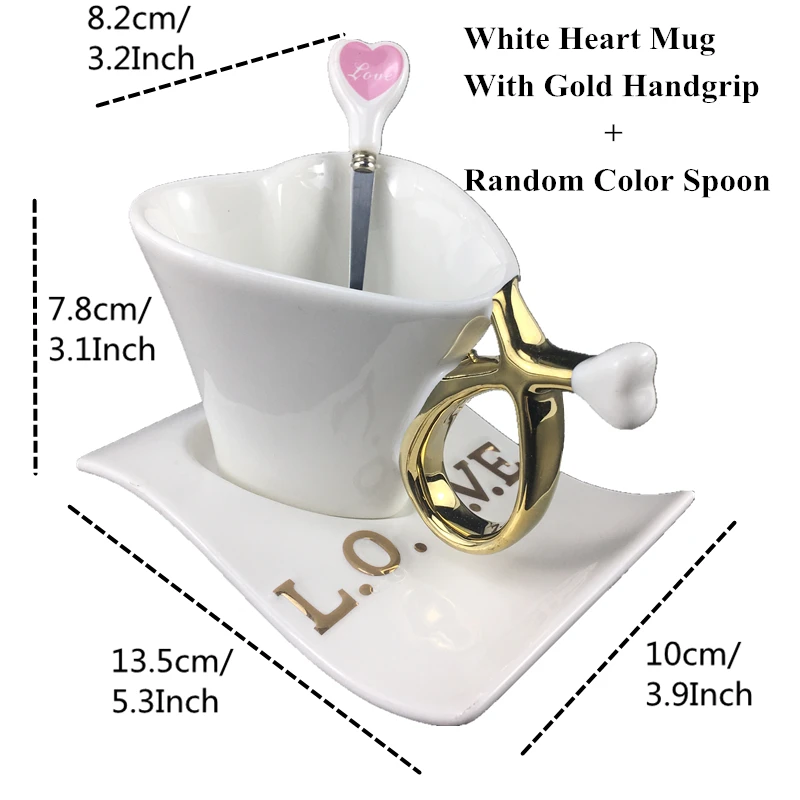 Gold Random Spoon VILEAD, кофейная кружка в форме сердца для влюбленных, модная, керамическая, молочная кружка с тарелкой, для пар, чашка для утреннего чая, для офиса, чашка для воды, подарок для девочек - Цвет: Gold Random Spoon