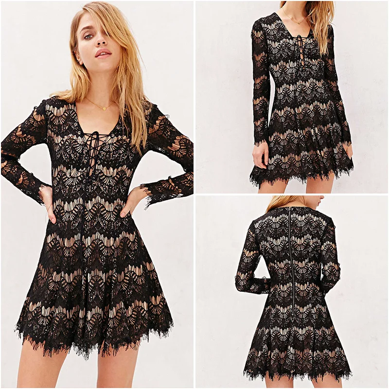 Весеннее Новое кружевное платье трапециевидной формы с v-образным вырезом и