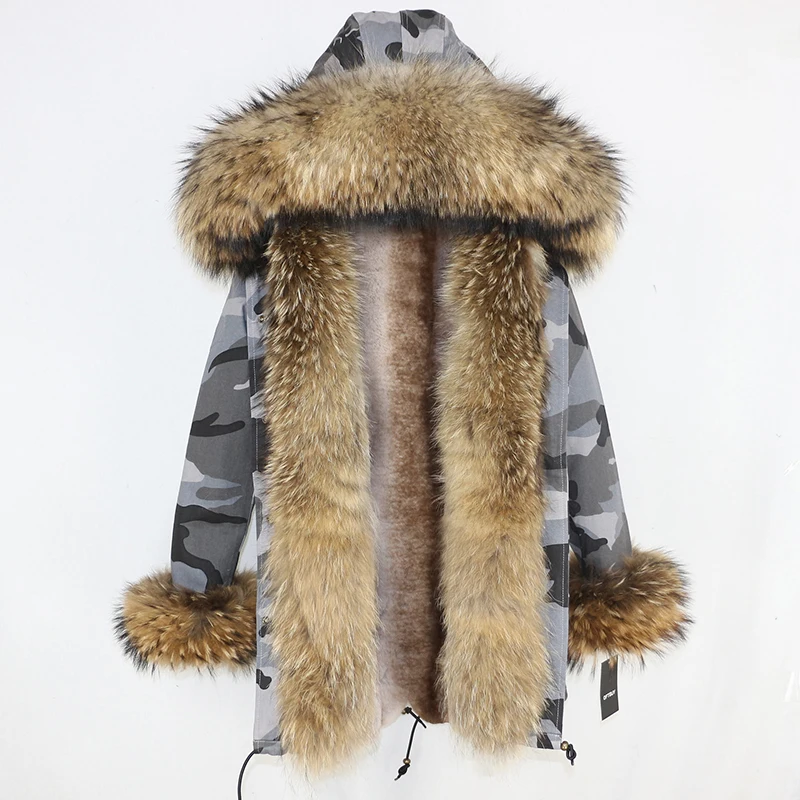 grey camo natural F Зимняя женская куртка, бренд, длинная парка, пальто с натуральным мехом енота, воротник из натурального меха, теплая Толстая Уличная одежда, повседневная верхняя одежда - Цвет: grey camo natural F