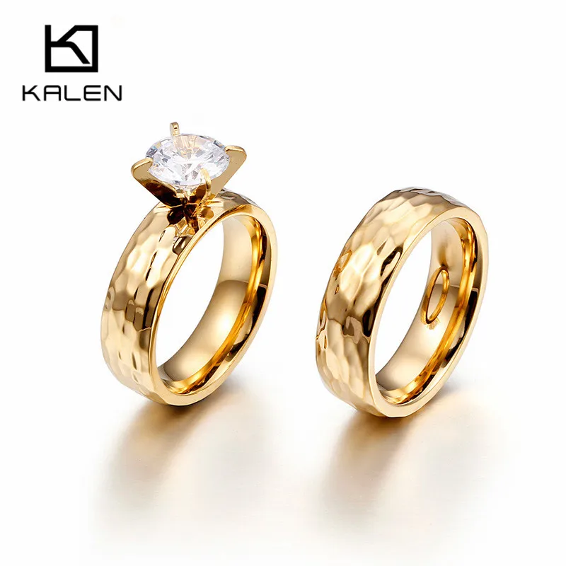 Kalen Lovers обручальные кольца кубические циркониевые кольца золотые из нержавеющей стали, волнообразный узор кольца подходят для женщин и мужчин пара обещаний ювелирные изделия