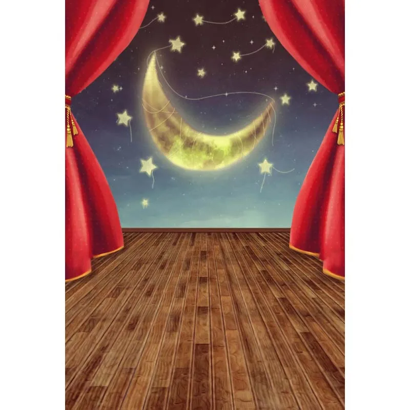 

5x7ft Starry Night Gold Stars Moon Red Curtain Washable No Wrinkle Banner Photo Studio Background Backdrop Polyester Fabric