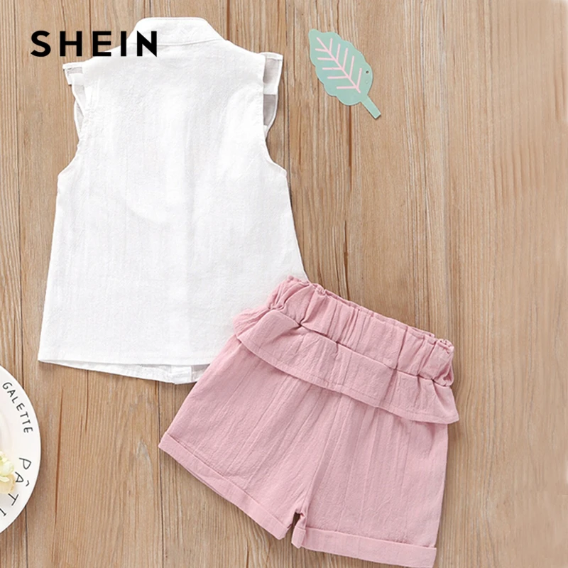 SHEIN/детская блузка с вышивкой и рюшами для маленьких девочек и шорты; милые комплекты; коллекция года; летняя детская одежда без рукавов с завязками на талии