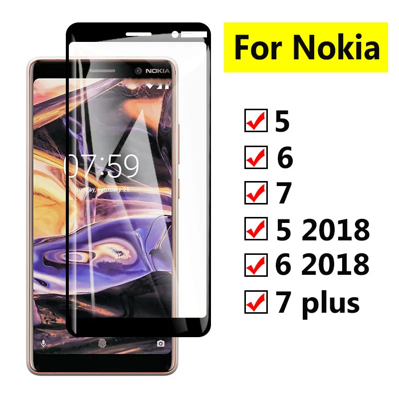 Full Cover Protective Glass on For Nokia 7 6 5 Plus 2018 Screen Protector Tremp Noka Tempered Glas Nokia7 Nokia6 Nokia5 Cam Film | Мобильные