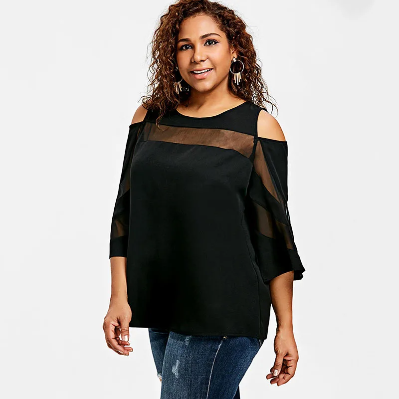 PlusMiss плюс Размеры 5XL 4XL сексуальное открытое плечо See Through футболки лето 2018 Для