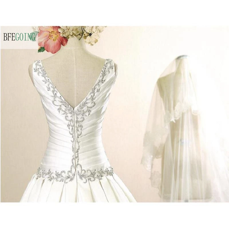 

Ivory Satin Floor-Length A-line Wedding dress Chapel Train Zipper Beading Embroidery Bridal Gown Custom made
