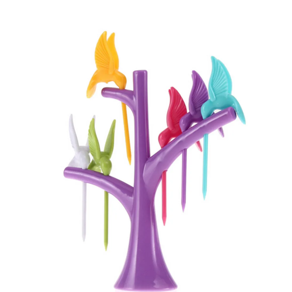 Мода 6 шт. + 1 Стенд птицы дерево Форма фрукты вилка Пластик овощей фруктов закуски