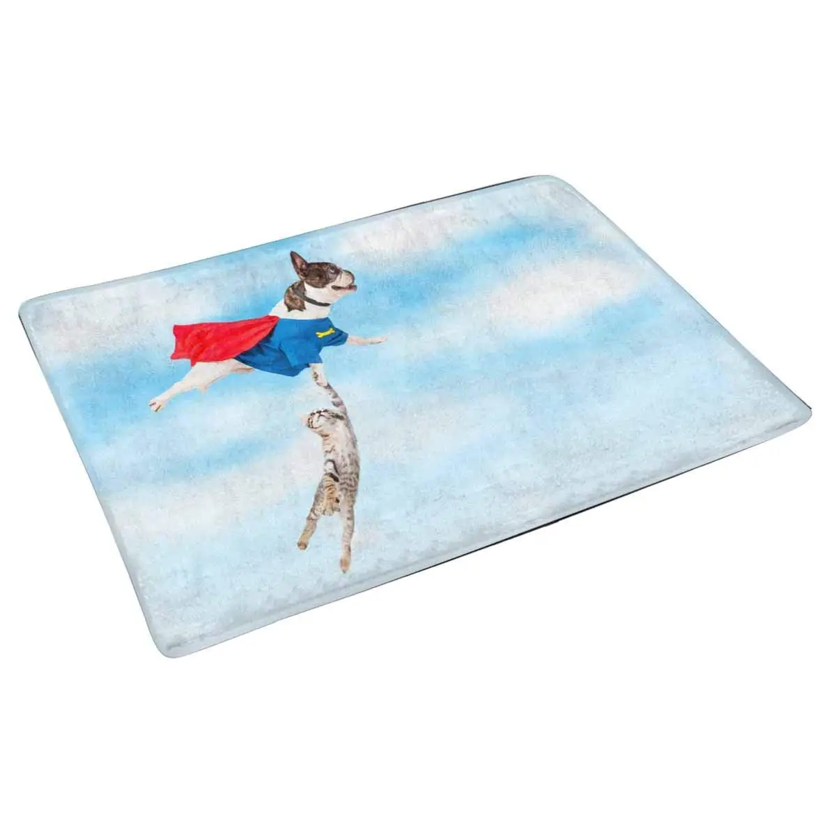 Funny Super Hero Dog Flying Through Clouds While Rescuing Kitten Anti-Slip Door Mat Home Decor Personalized Indoor | Дом и сад