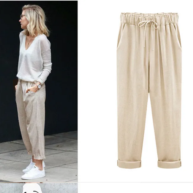 Брюки-Капри женские повседневные льняные штаны-султанки с завышенной талией